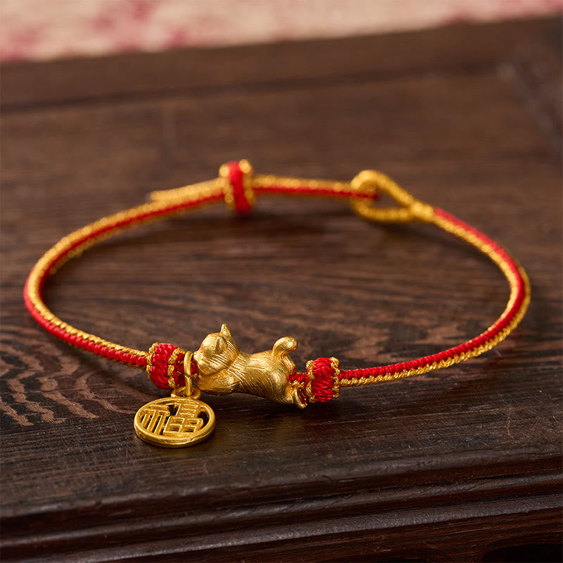 Nimara Ritual Lying-Down Cat Fu Character Copper Red String Hand-Woven Prosperity Bracelet