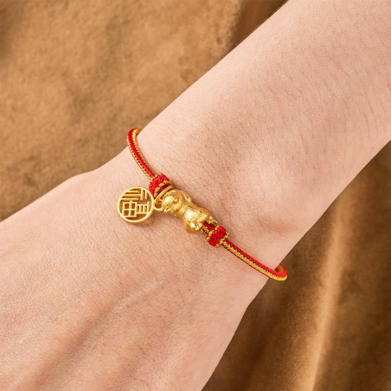 Nimara Ritual Lying-Down Cat Fu Character Copper Red String Hand-Woven Prosperity Bracelet
