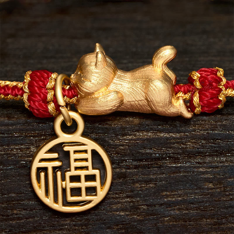 Nimara Ritual Lying-Down Cat Fu Character Copper Red String Hand-Woven Prosperity Bracelet