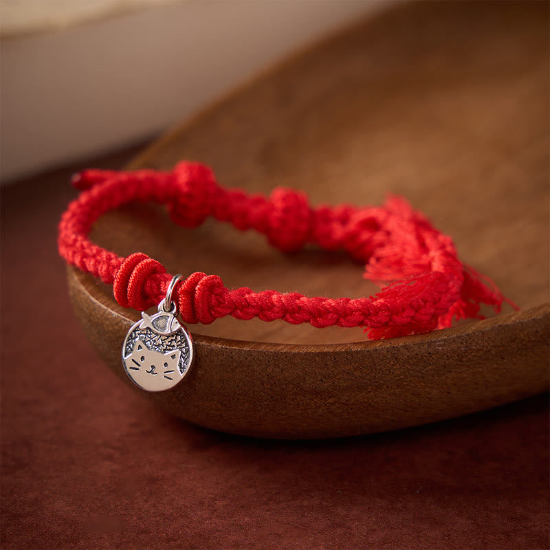 Nimara Ritual 925 Sterling Silver Cute Cat Fish Protection Tibet Red String Adjustable Bracelet