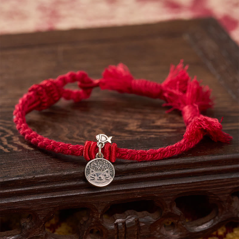 Nimara Ritual 925 Sterling Silver Cute Cat Fish Protection Tibet Red String Adjustable Bracelet