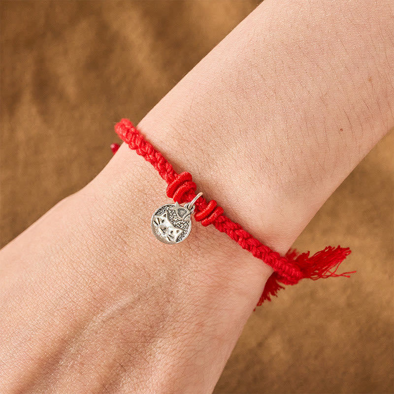 Nimara Ritual 925 Sterling Silver Cute Cat Fish Protection Tibet Red String Adjustable Bracelet