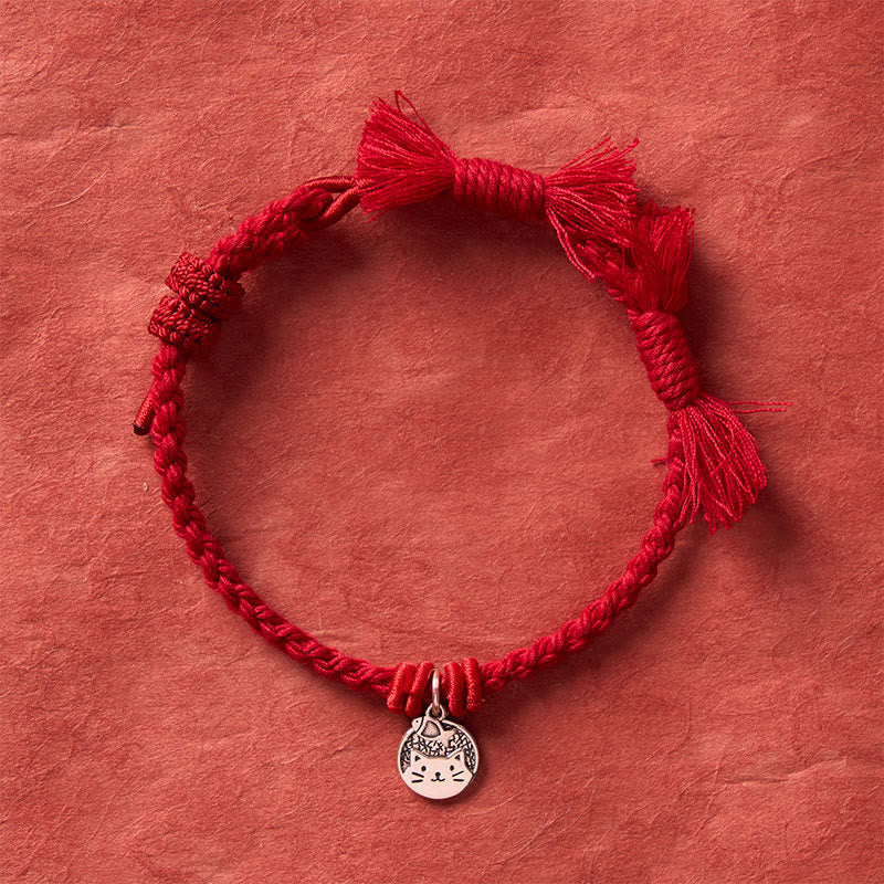 Nimara Ritual 925 Sterling Silver Cute Cat Fish Protection Tibet Red String Adjustable Bracelet