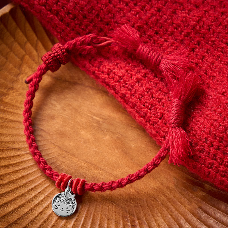 Nimara Ritual 925 Sterling Silver Cute Cat Fish Protection Tibet Red String Adjustable Bracelet
