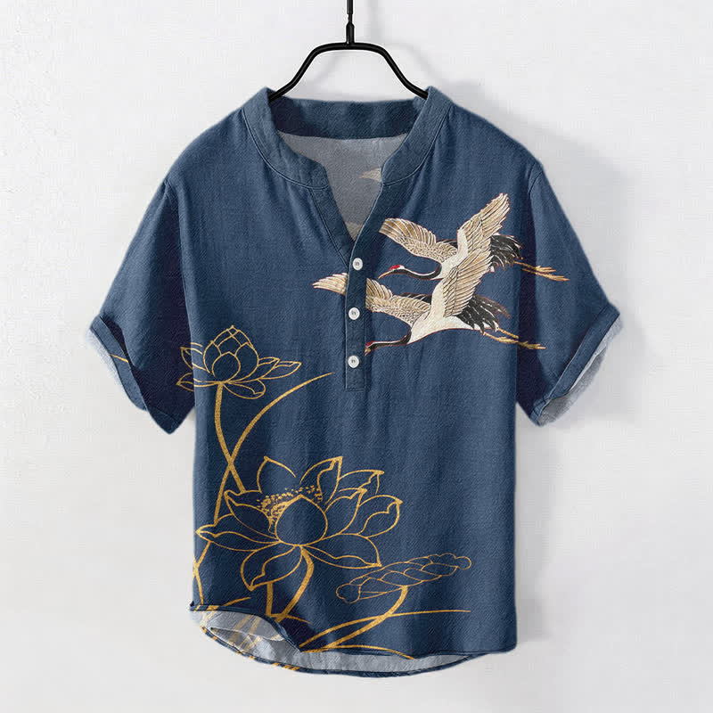 Nimara Ritual Cotton Crane Golden Lotus Pattern Men's Short Sleeve Half Button Shirt