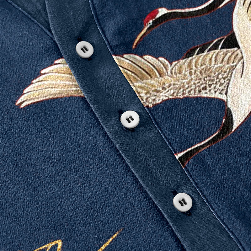 Nimara Ritual Cotton Crane Golden Lotus Pattern Men's Short Sleeve Half Button Shirt