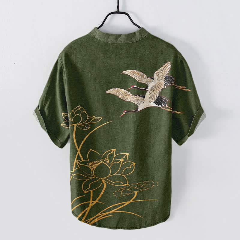 Nimara Ritual Cotton Crane Golden Lotus Pattern Men's Short Sleeve Half Button Shirt