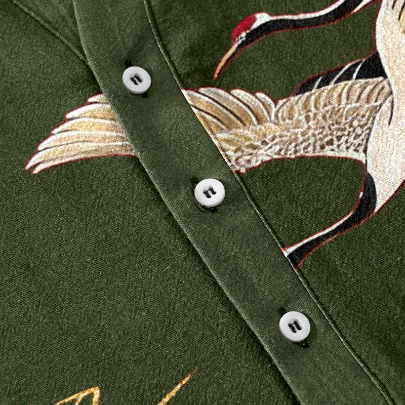 Nimara Ritual Cotton Crane Golden Lotus Pattern Men's Short Sleeve Half Button Shirt