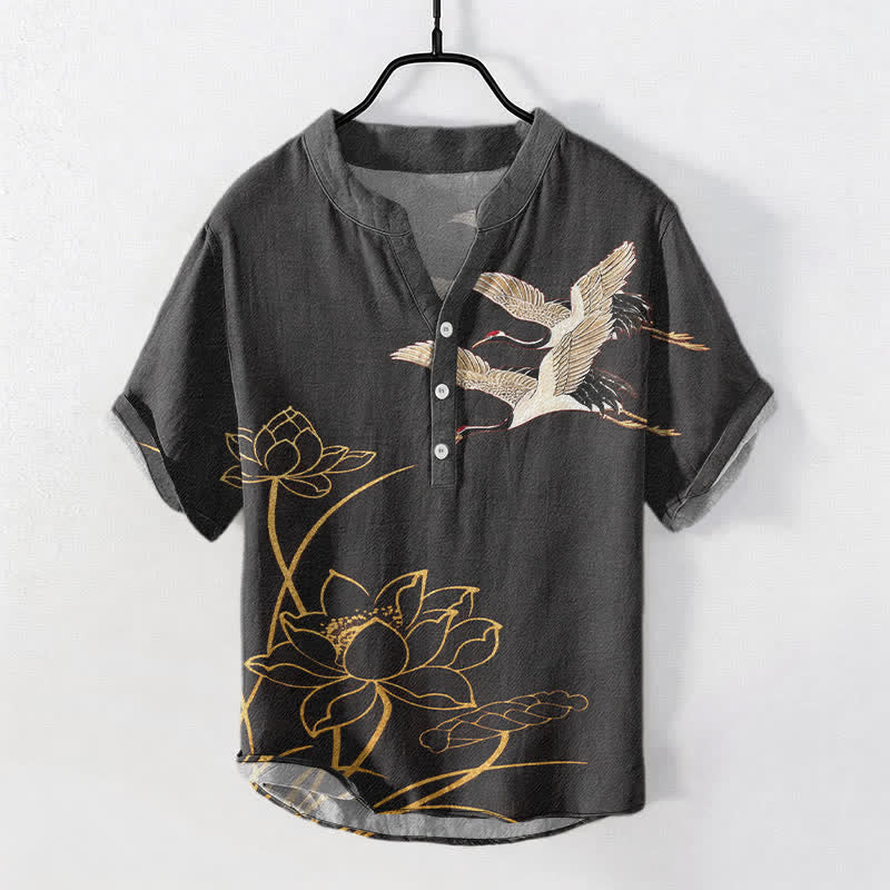 Nimara Ritual Cotton Crane Golden Lotus Pattern Men's Short Sleeve Half Button Shirt
