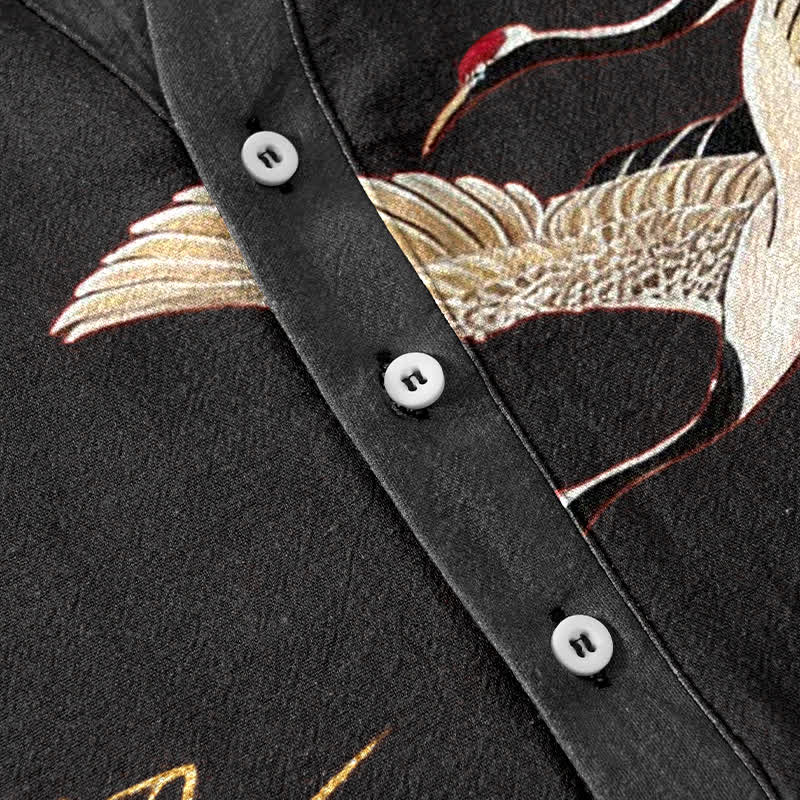 Nimara Ritual Cotton Crane Golden Lotus Pattern Men's Short Sleeve Half Button Shirt