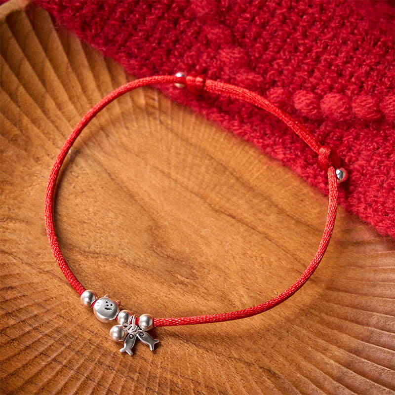Nimara Ritual 925 Sterling Silver Cute Cat Fish Red String Blessing Bracelet