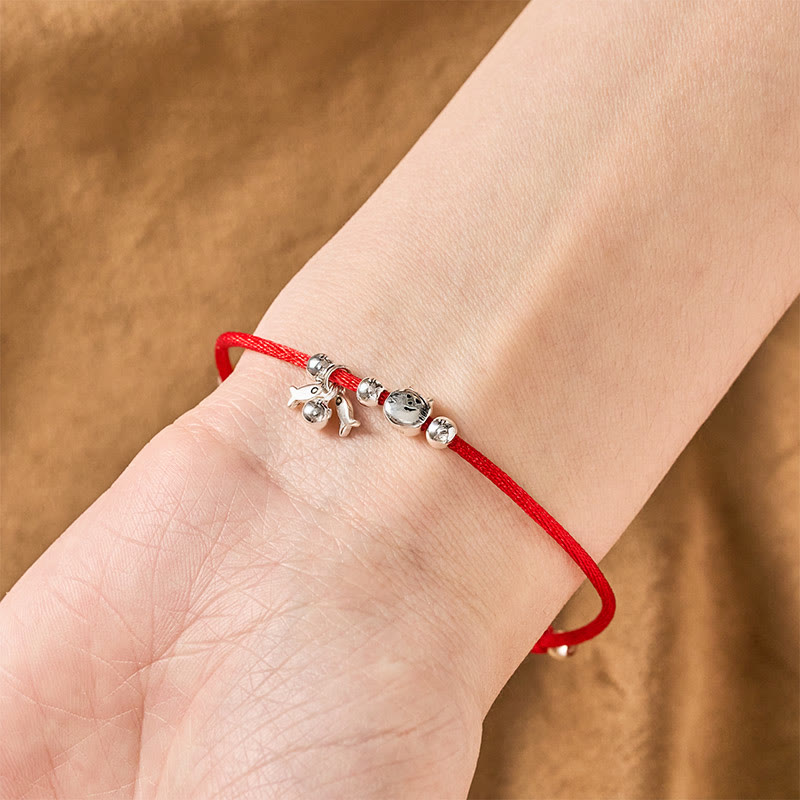 Nimara Ritual 925 Sterling Silver Cute Cat Fish Red String Blessing Bracelet
