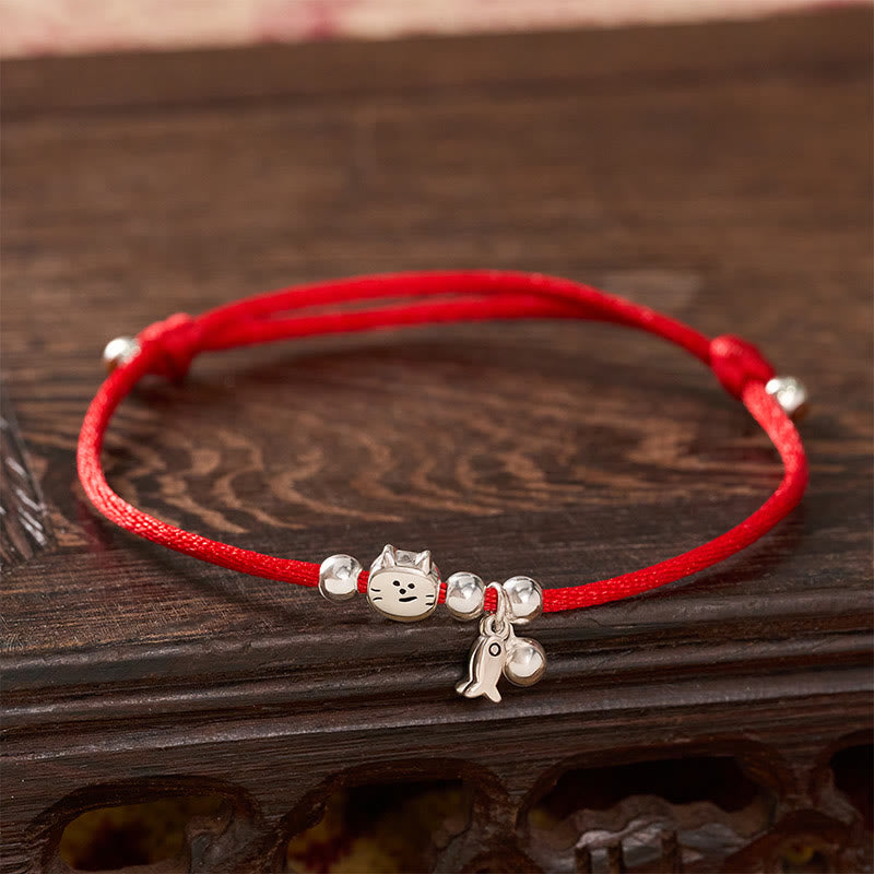 Nimara Ritual 925 Sterling Silver Cute Cat Fish Red String Blessing Bracelet