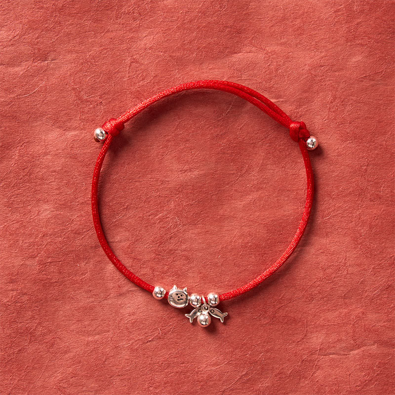 Nimara Ritual 925 Sterling Silver Cute Cat Fish Red String Blessing Bracelet