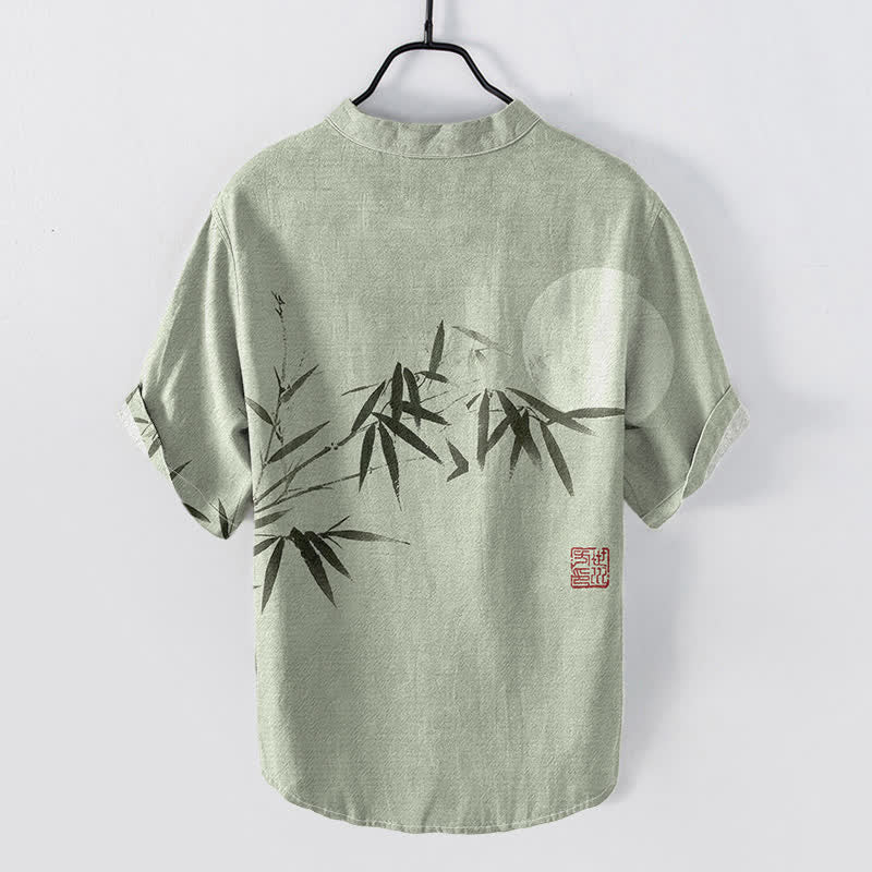 Nimara Ritual Cotton Ink Bamboo Moon Pattern Men's Short Sleeve Half Button Shirt