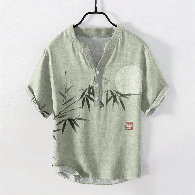 Nimara Ritual Cotton Ink Bamboo Moon Pattern Men's Short Sleeve Half Button Shirt