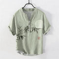 Nimara Ritual Cotton Ink Bamboo Moon Pattern Men's Short Sleeve Half Button Shirt