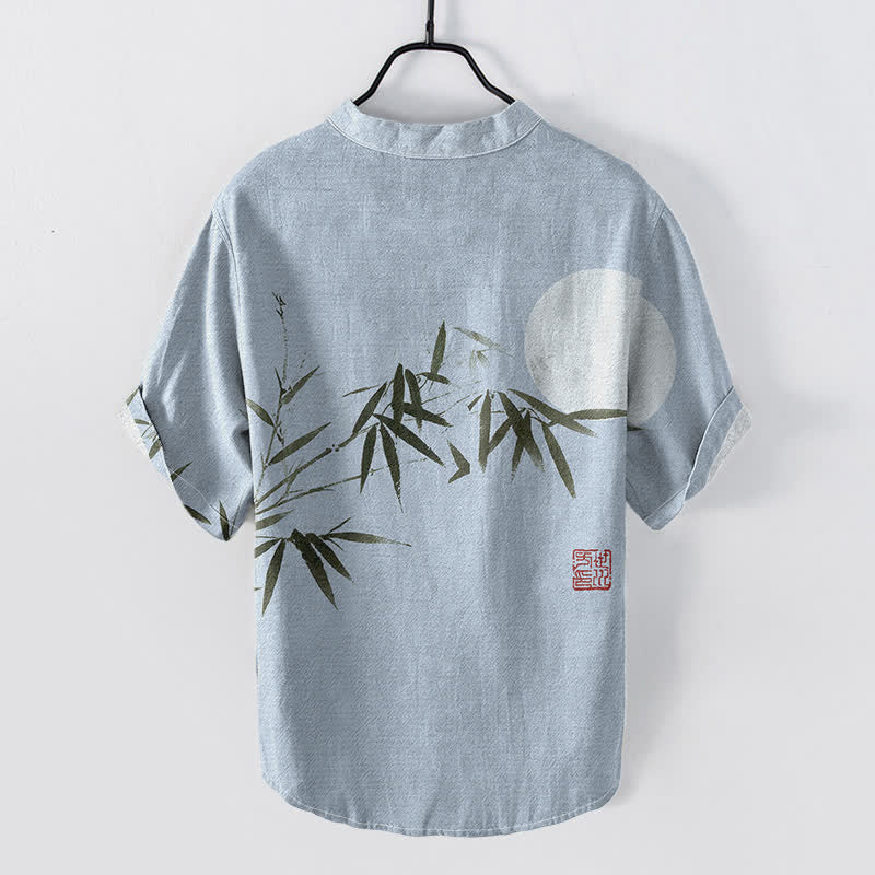 Nimara Ritual Cotton Ink Bamboo Moon Pattern Men's Short Sleeve Half Button Shirt