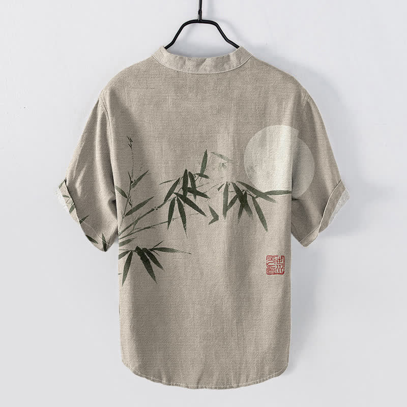 Nimara Ritual Cotton Ink Bamboo Moon Pattern Men's Short Sleeve Half Button Shirt