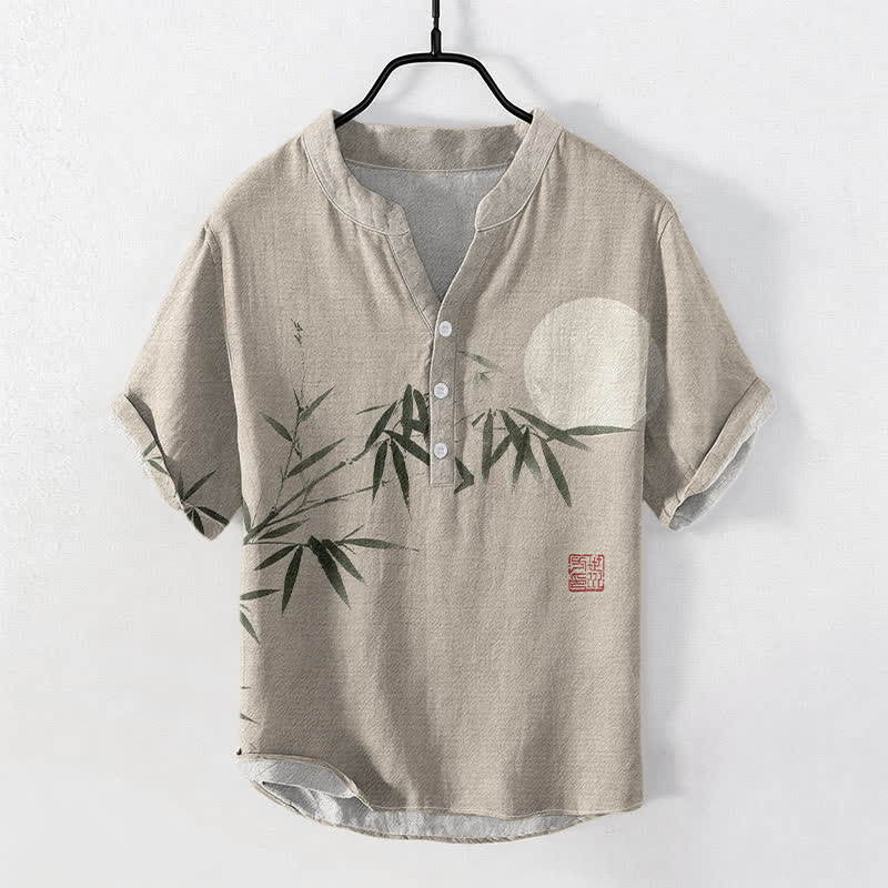 Nimara Ritual Cotton Ink Bamboo Moon Pattern Men's Short Sleeve Half Button Shirt