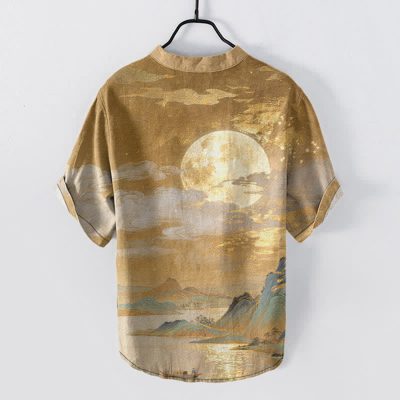 Nimara Ritual Cotton Moon Cloud Mountain Pattern Men's Short Sleeve Half Button Shirt