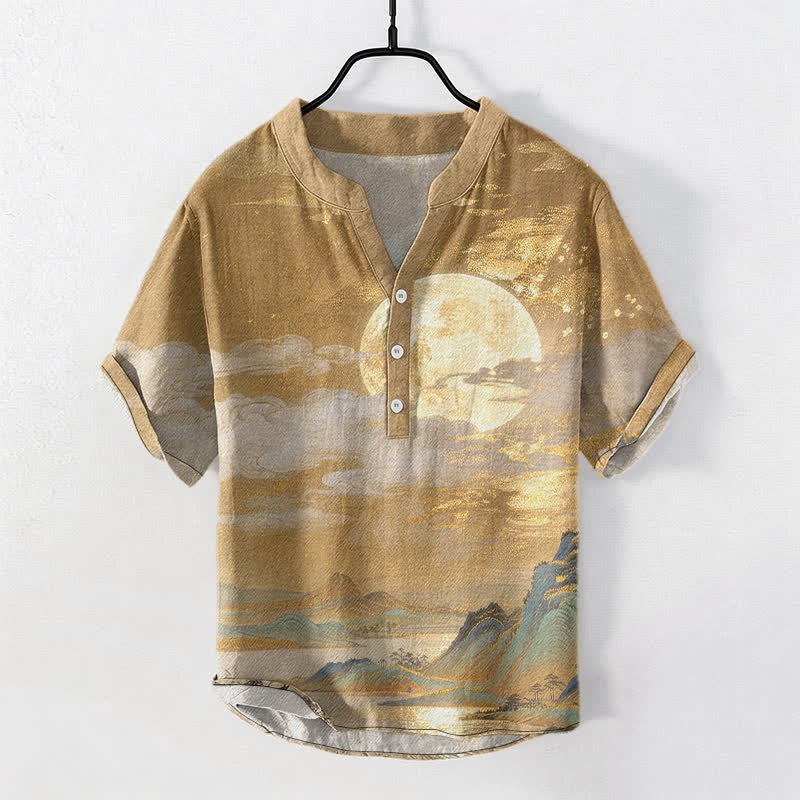 Nimara Ritual Cotton Moon Cloud Mountain Pattern Men's Short Sleeve Half Button Shirt