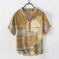 Nimara Ritual Cotton Moon Cloud Mountain Pattern Men's Short Sleeve Half Button Shirt