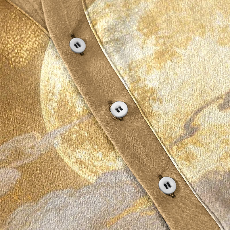 Nimara Ritual Cotton Moon Cloud Mountain Pattern Men's Short Sleeve Half Button Shirt