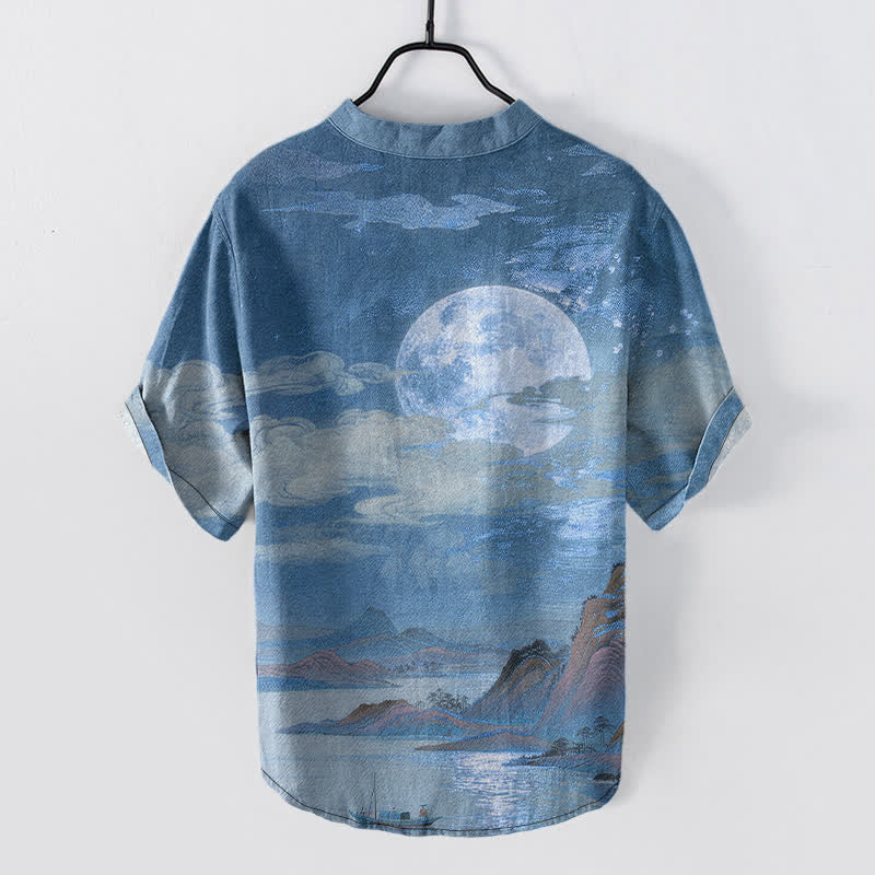 Nimara Ritual Cotton Moon Cloud Mountain Pattern Men's Short Sleeve Half Button Shirt