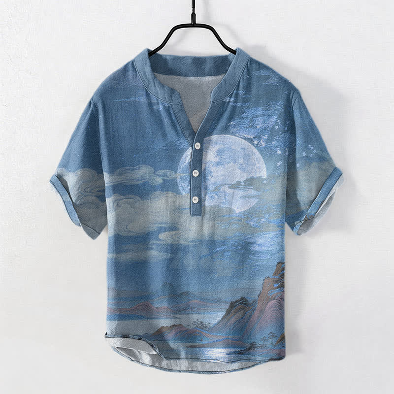 Nimara Ritual Cotton Moon Cloud Mountain Pattern Men's Short Sleeve Half Button Shirt