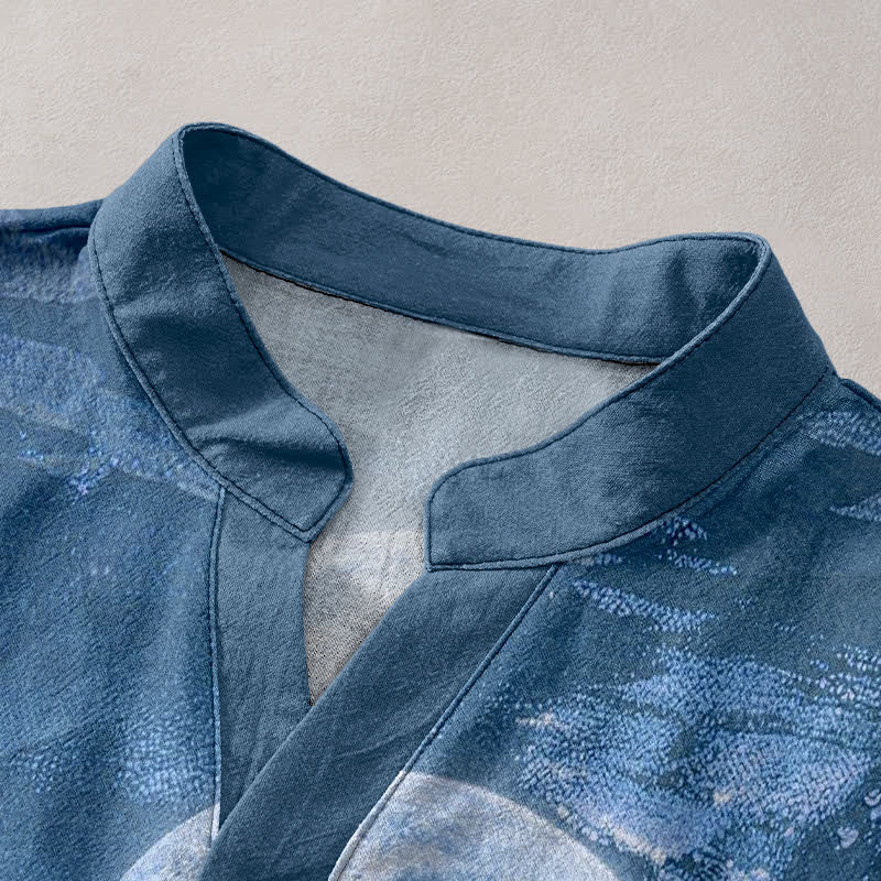 Nimara Ritual Cotton Moon Cloud Mountain Pattern Men's Short Sleeve Half Button Shirt