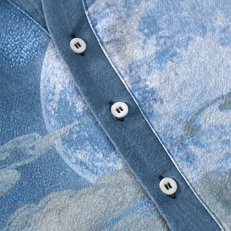Nimara Ritual Cotton Moon Cloud Mountain Pattern Men's Short Sleeve Half Button Shirt