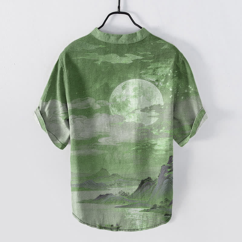 Nimara Ritual Cotton Moon Cloud Mountain Pattern Men's Short Sleeve Half Button Shirt