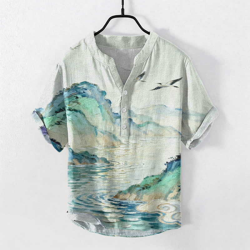 Nimara Ritual Cotton Coastal Watercolor Landscape Pattern Men's Short Sleeve Half Button Shirt