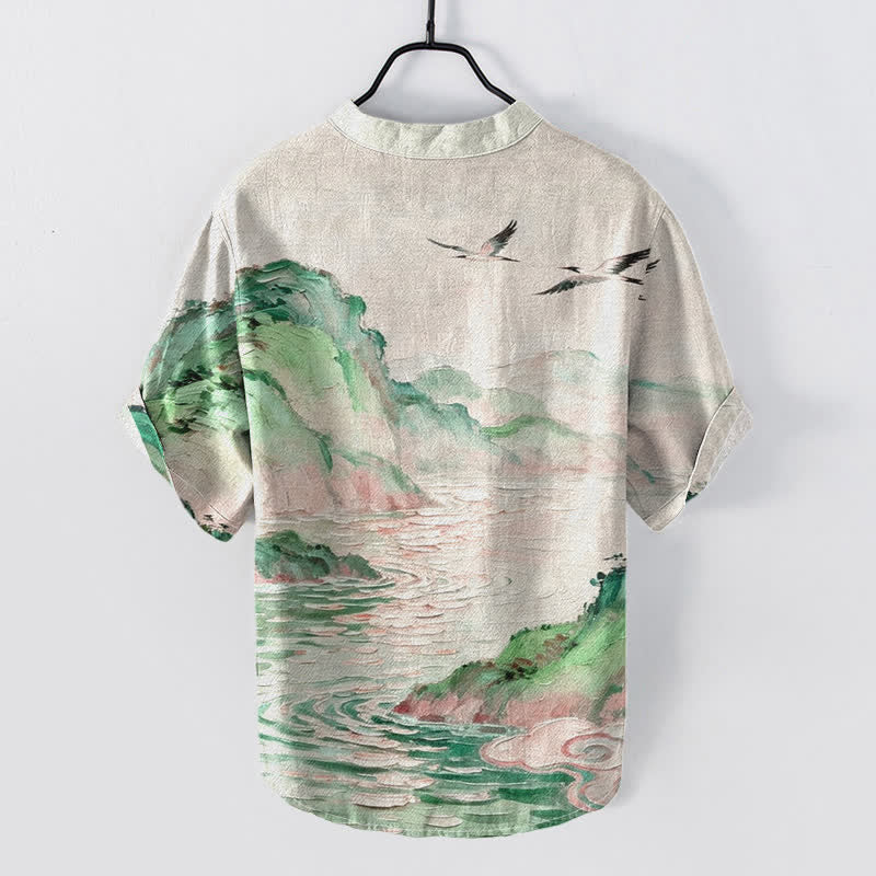 Nimara Ritual Cotton Coastal Watercolor Landscape Pattern Men's Short Sleeve Half Button Shirt