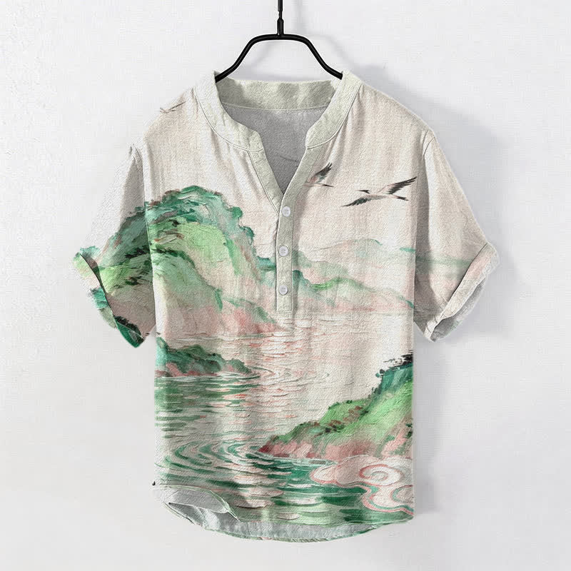 Nimara Ritual Cotton Coastal Watercolor Landscape Pattern Men's Short Sleeve Half Button Shirt