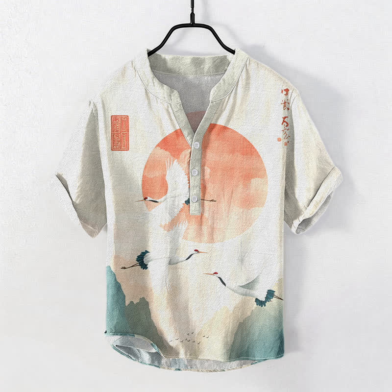 Nimara Ritual Cotton Red Sun Flying Crane Pattern Men's Short Sleeve Half Button Shirt