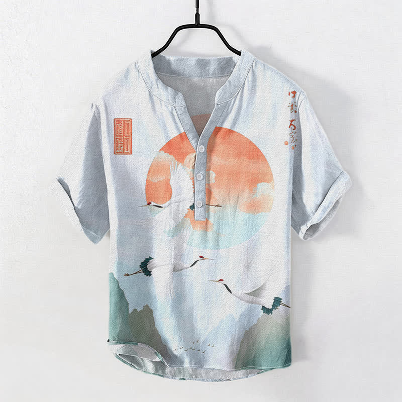 Nimara Ritual Cotton Red Sun Flying Crane Pattern Men's Short Sleeve Half Button Shirt