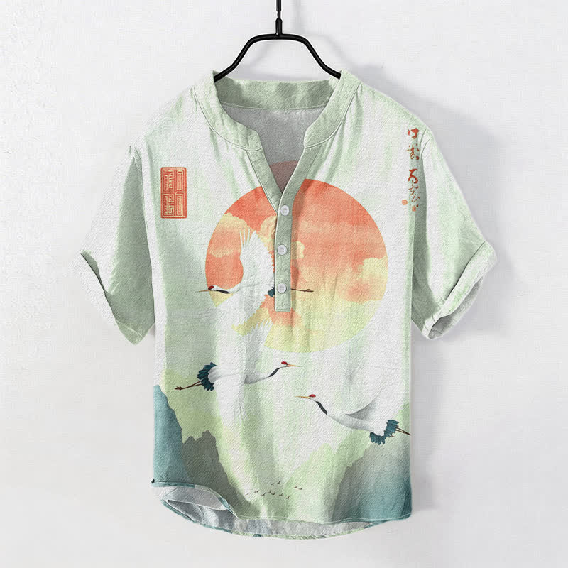 Nimara Ritual Cotton Red Sun Flying Crane Pattern Men's Short Sleeve Half Button Shirt