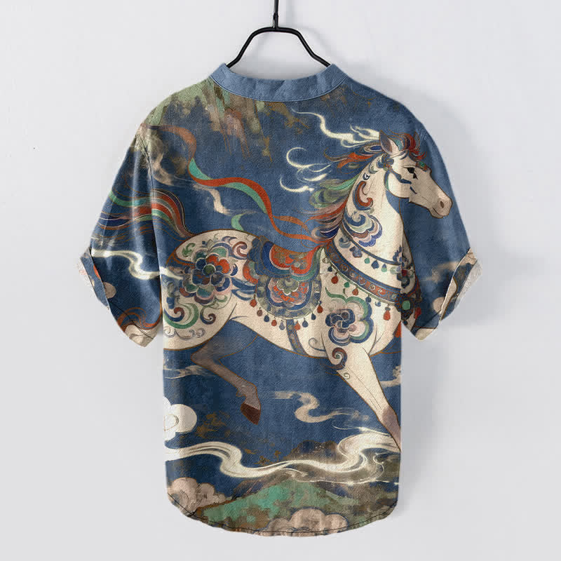 Nimara Ritual Cotton Ornamental Running Horse Pattern Men's Short Sleeve Half Button Shirt