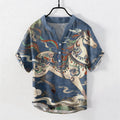 Nimara Ritual Cotton Ornamental Running Horse Pattern Men's Short Sleeve Half Button Shirt