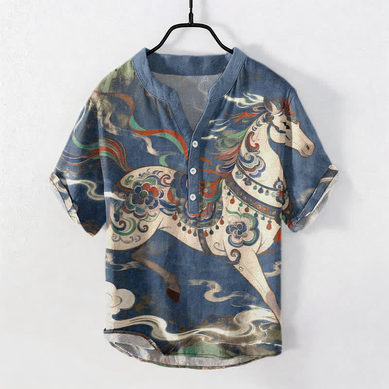 Nimara Ritual Cotton Ornamental Running Horse Pattern Men's Short Sleeve Half Button Shirt