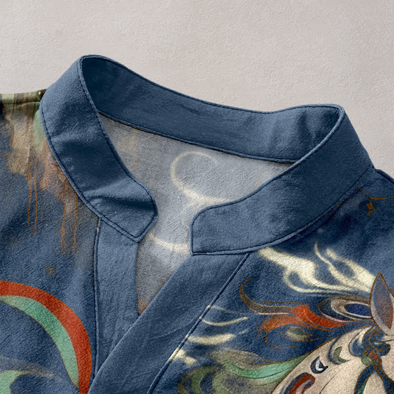 Nimara Ritual Cotton Ornamental Running Horse Pattern Men's Short Sleeve Half Button Shirt