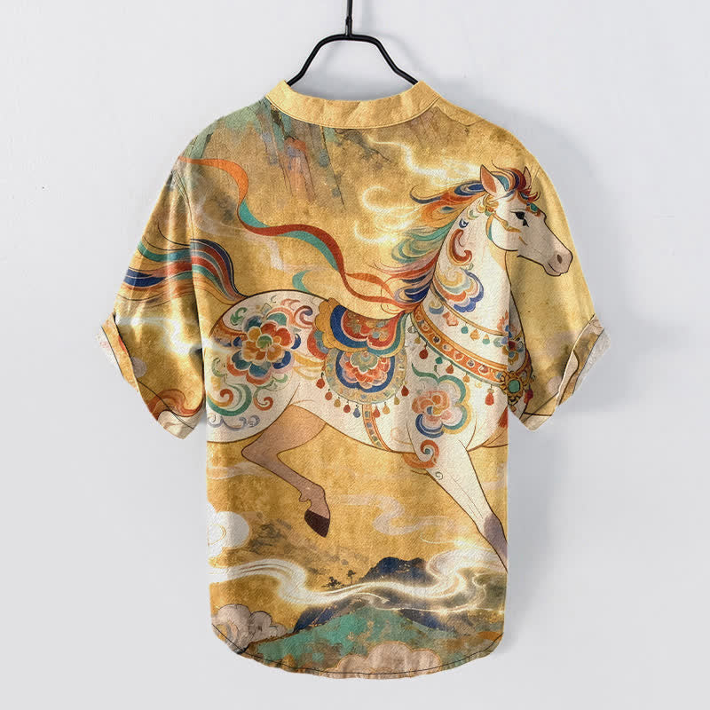Nimara Ritual Cotton Ornamental Running Horse Pattern Men's Short Sleeve Half Button Shirt