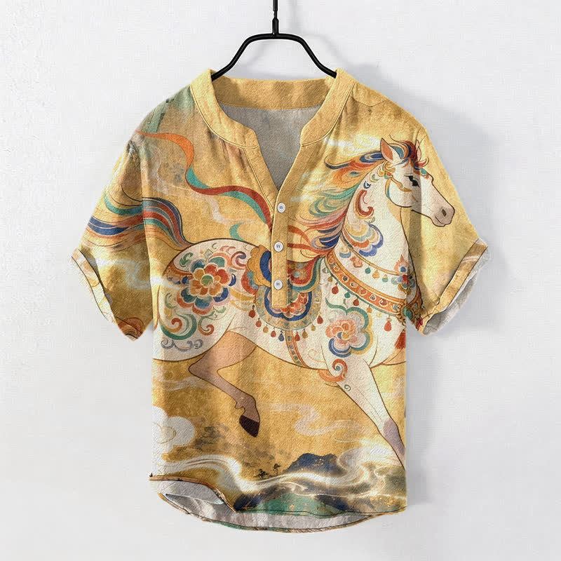 Nimara Ritual Cotton Ornamental Running Horse Pattern Men's Short Sleeve Half Button Shirt