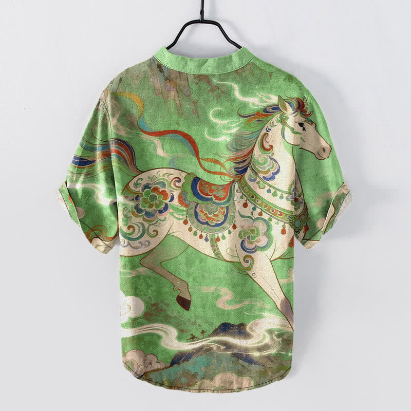 Nimara Ritual Cotton Ornamental Running Horse Pattern Men's Short Sleeve Half Button Shirt