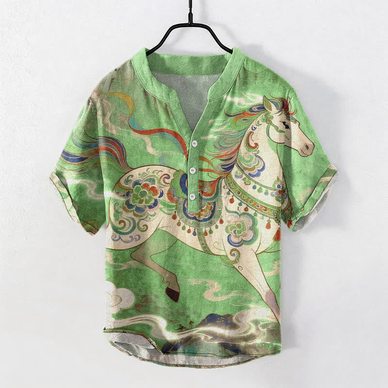 Nimara Ritual Cotton Ornamental Running Horse Pattern Men's Short Sleeve Half Button Shirt