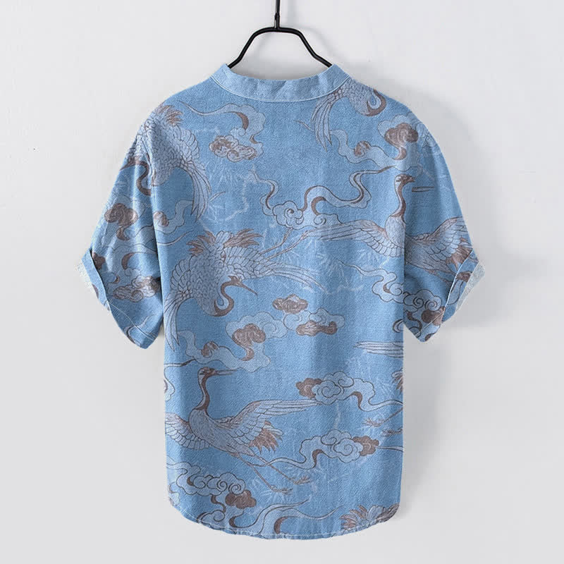 Nimara Ritual Cotton Crane Clouds Pattern Men's Short Sleeve Half Button Shirt