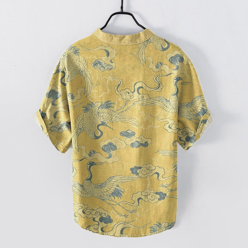Nimara Ritual Cotton Crane Clouds Pattern Men's Short Sleeve Half Button Shirt
