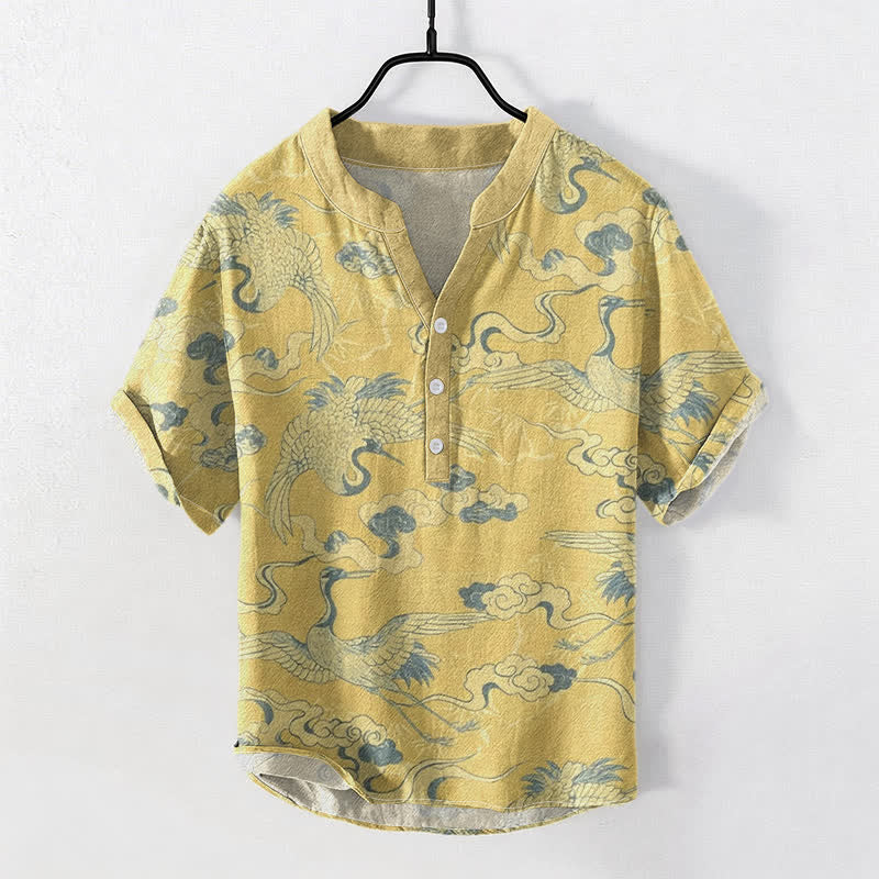 Nimara Ritual Cotton Crane Clouds Pattern Men's Short Sleeve Half Button Shirt
